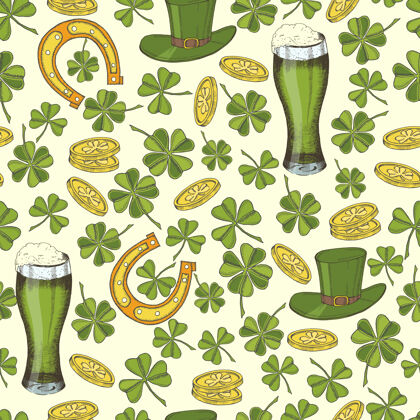 硬币圣帕特里克节经典无缝图案圣帕特里克的帽子 马蹄铁 四叶草 绿色啤酒和金币啤酒帽子爱尔兰
