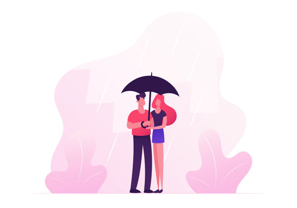 假期一对恩爱的幸福夫妻在雨中拥抱 牵手 在雨伞下散步拥抱关系快乐