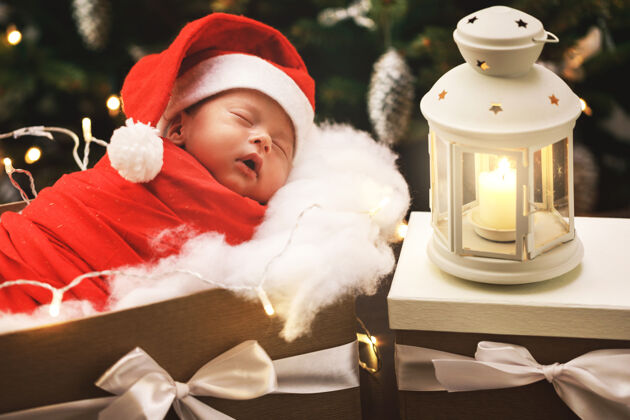 迷人可爱的新生儿戴着圣诞老人的帽子睡在圣诞礼盒里圣诞快乐 新年快乐可爱天真帽子