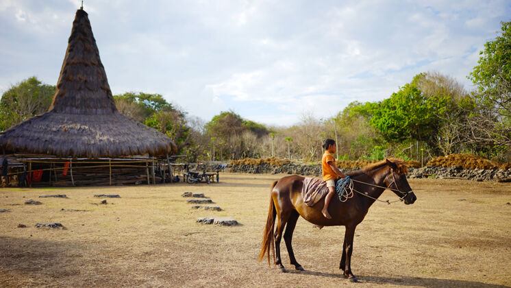 骑马在ratenggaro村骑马的孩子传统的房子马传统的村庄
