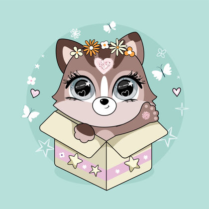 可爱可爱的小猫和花环坐在盒子里粉彩野生盒子