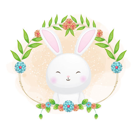 水彩可爱的兔子与花卉卡通插画兔子手绘树叶