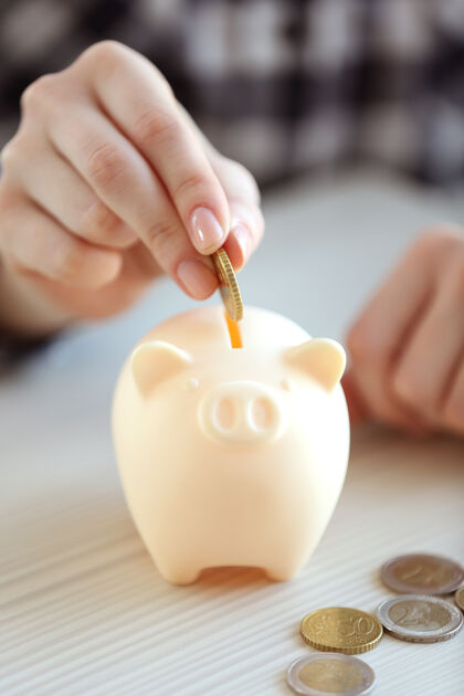 猪把钱放在存钱罐里的女人投资特写安全