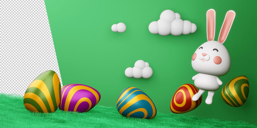 彩色复活节快乐可爱的兔子彩蛋3d渲染构图美丽复活节