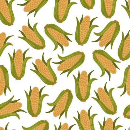 插图玉米无缝模式隔离在白色背景上食物自然洋葱