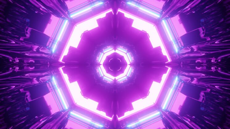 走廊充满活力的隧道抽象背景的3d插图 对称形状 紫色霓虹灯闪烁霓虹灯辉光照明