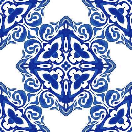 新复古锦缎无缝azulejo荷兰瓷砖装饰水彩画蔓藤花纹织物设计图案雪符号染色