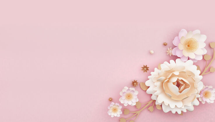 美丽抽象的粉红色背景与玫瑰花装饰的三维渲染概念3d生日