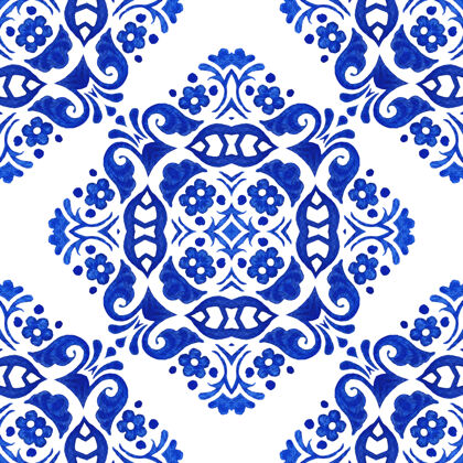 华丽蓝色手绘水彩无缝瓷砖图案背景设计帝国靛蓝复古