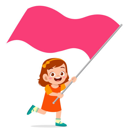 孩子可爱的小女孩拿着旗子跑庆祝女孩跑步