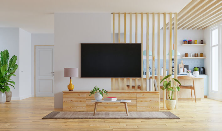 室内装饰现代化的厨房内部 家具和电视墙安装在客厅 白色墙壁3d渲染室内墙壁家具