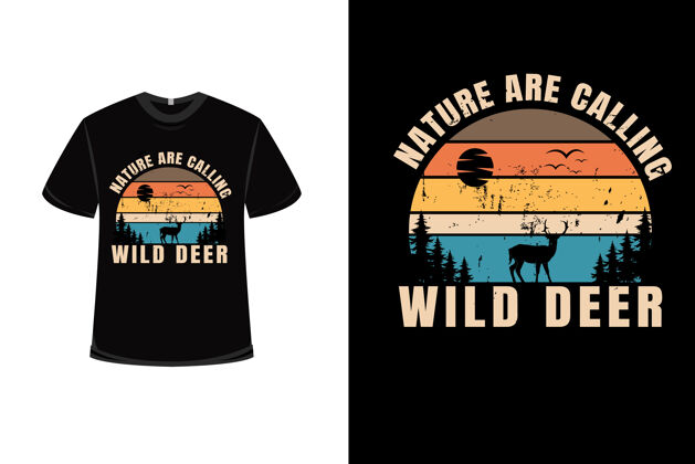 排版T恤设计与自然是呼吁野生鹿在橙绿色和棕色动物T恤树