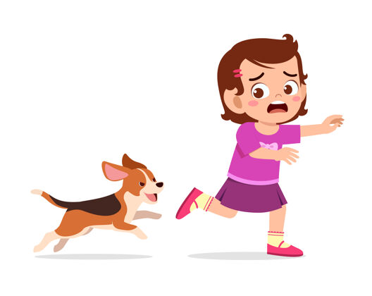 跑可爱的小女孩因为被坏狗追赶而害怕害怕攻击女孩