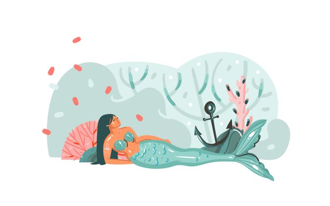 尾巴手绘插图与珊瑚礁 锚 海藻和美丽波西米亚美人鱼女孩的性格海洋水下海浪