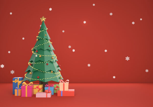 雪3d圣诞红色场景背景与礼品盒礼物礼品盒圣诞老人