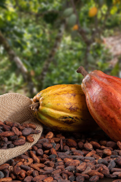 可可可可水果和生可可豆与散焦可可种植园的背景营养可可树豆荚