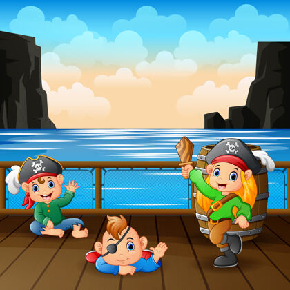 宝藏甲板上的卡通小海盗自然船装饰