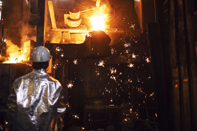 员工铸造工人控制着熔炉里的铁熔化 火花四溅铝铸造重