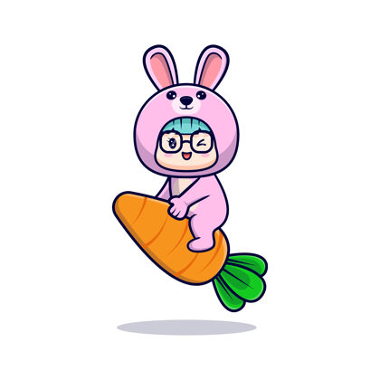 卡通可爱的女孩穿着兔子装骑着大胡萝卜孩子字符贴纸