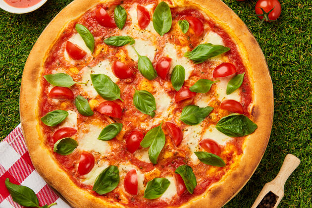 樱桃传统的意大利披萨玛格丽塔配奶酪 西红柿和罗勒在绿草上切片地中海快餐