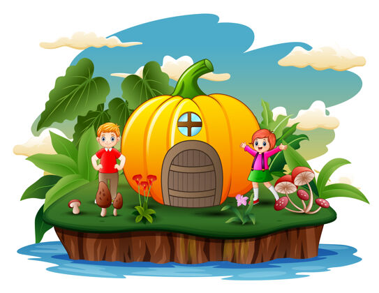 蘑菇卡通快乐的孩子们带着南瓜房子在岛上水果孩子漂浮