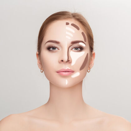 脸轮廓制造灰色的女人脸背景轮廓突出显示化妆师面部化妆样本白色混合腮红