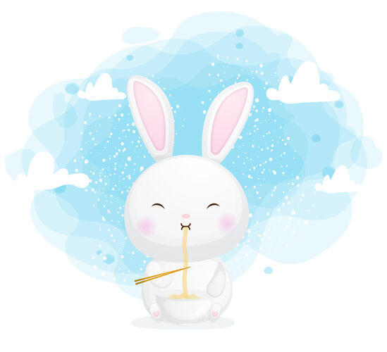 鸡蛋可爱的兔子吃面条卡通复活节天空吃