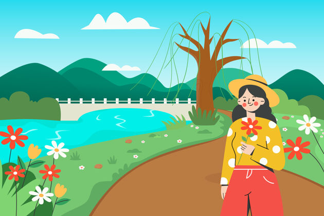 旅游美丽的插图女孩去郊游在春天草树河流