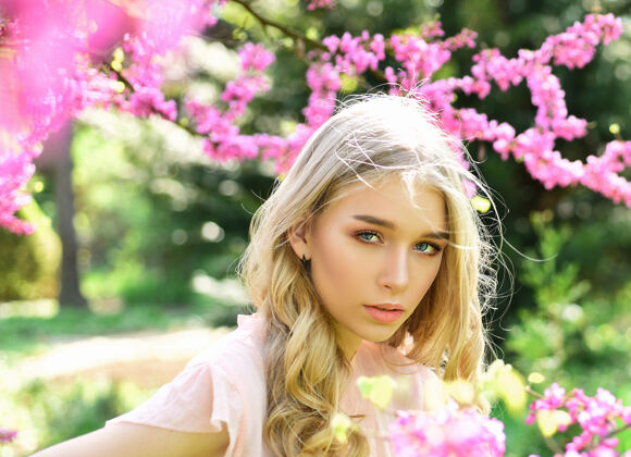 阳光柔弱的金发女人靠近犹大的紫罗兰花树春天布鲁姆女孩在春天公园散步 在花园里赏花享受可爱时尚