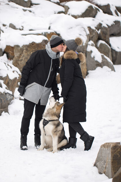 白天美丽的家庭 一个男人和一个女孩在冬天的森林里狗玩和狗西伯利亚哈士奇活动快乐年轻