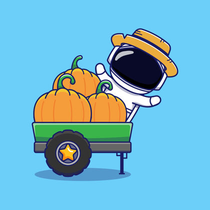 宇航员卡车上戴着南瓜草帽的可爱宇航员秋天旅行头盔