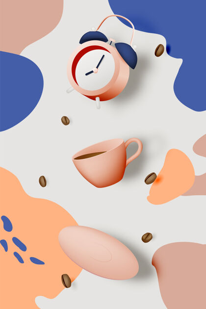 小册子咖啡休息的背景与咖啡杯和闹钟和柔和的颜色方案装饰早餐厨房