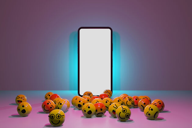 饲料带卡通表情图标的智能手机 用于社交媒体3d渲染快乐评论影响者