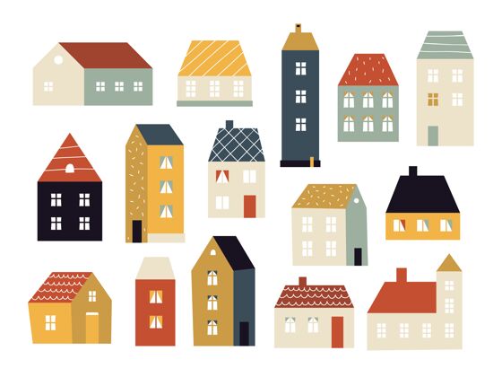 城市卡通房屋各种可爱的小房子屋顶不同门