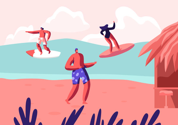 热带年轻的冲浪者在冲浪板上冲浪 在夏天的沙滩上放松海滩.卡通平面插图女人时间度假村