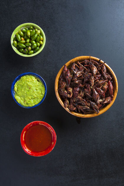 墨西哥食物蚱蜢小吃.传统的墨西哥菜鳄梨酱食物旅游