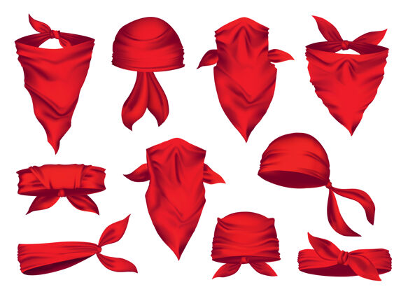 配件脖子和头上的红色逼真的头巾头巾设置背景