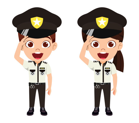 卡通穿警服戴警帽的男女角色敬礼工作制服