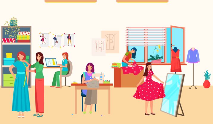 工作女人在缝纫时装工作室工作工业卡通面料