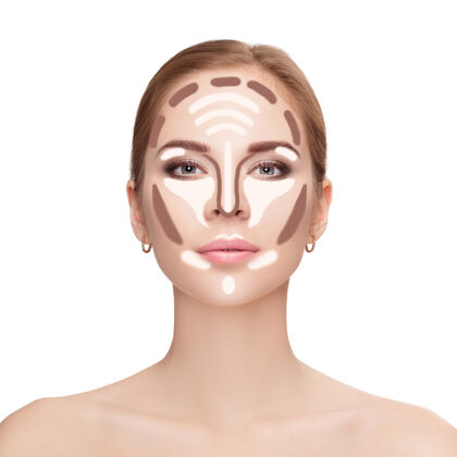 脸颊轮廓制造白脸上的女人背景轮廓突出显示化妆师面部化妆样本时尚光泽阴影