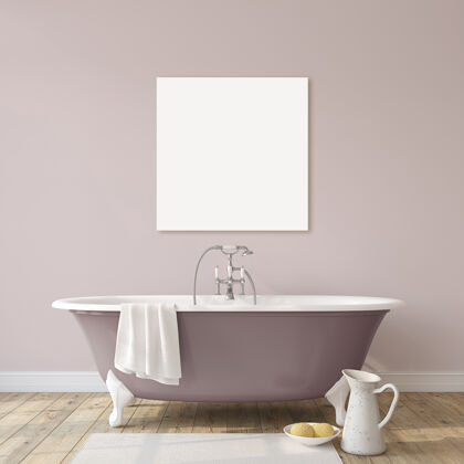 浴缸浪漫浴室.室内和cavasmock-up.3d渲染浪漫房间墙
