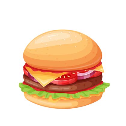 芝麻汉堡包或芝士汉堡卡通图标生菜美味洋葱
