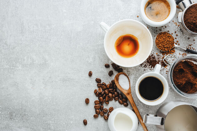 过滤器咖啡概念与不同类型的咖啡和咖啡制作道具灰色background.view视图从上面景观黑色棕色