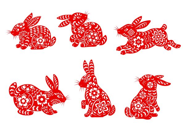 装饰品中国农历兔年与亚洲生肖动物隔离图标中国兔春节
