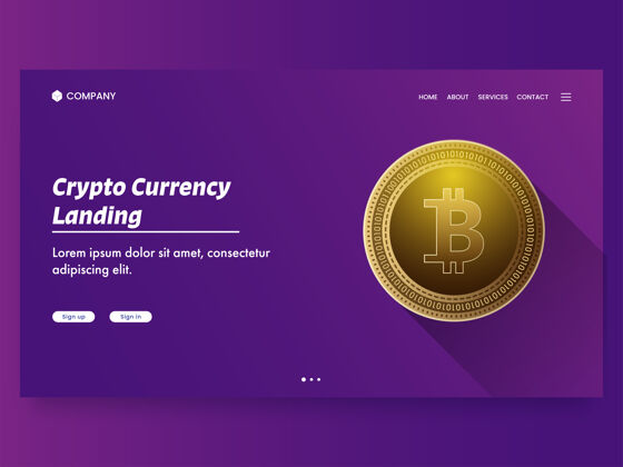 网站加密货币登陆页 紫色背景上有金色比特币社交媒体响应商业