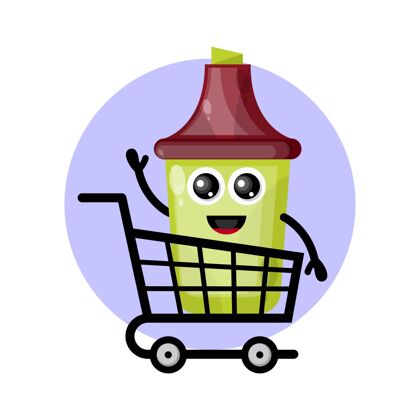 商店荧光笔购物车吉祥物字符标志购物车插图卡通人物