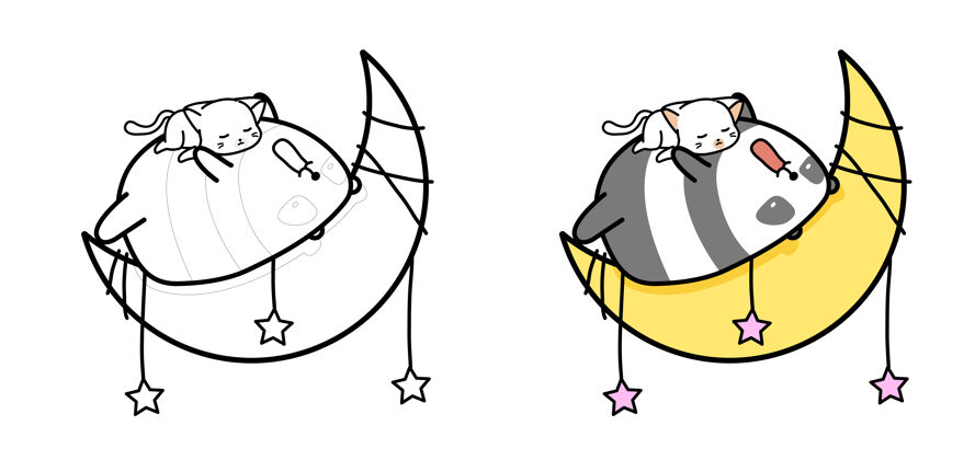 月亮可爱的熊猫和猫睡在儿童卡通彩页上野生幼稚插图
