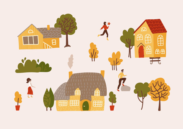 住宅手绘的村庄有房子 树和居民房子公寓树