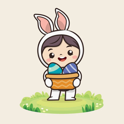 图形复活节快乐的背景与卡瓦伊可爱的兔子兔子插图吉祥物节日宝宝