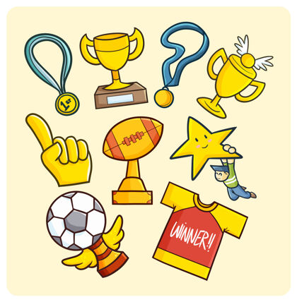 徽章简单涂鸦风格的金牌 奖杯和优胜者标志骄傲冠军体育